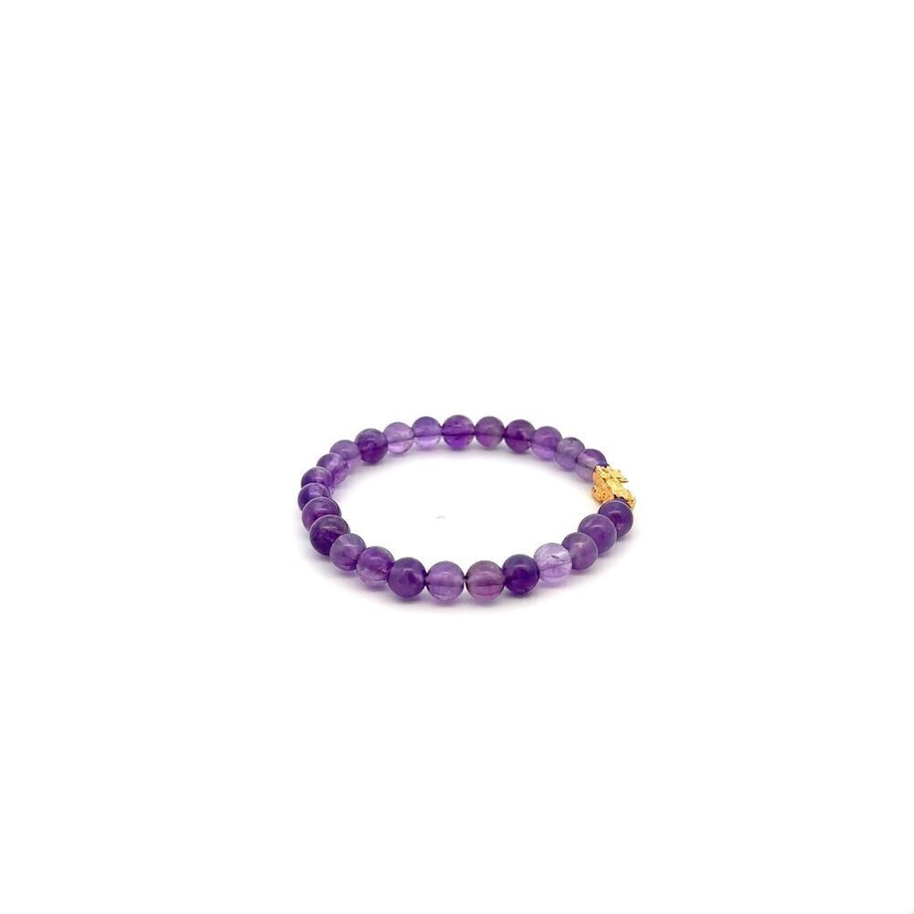 18K Gold Pixiu Piyao Lucky Charm Bracelet Natural Amethyst Gemstone 6mm February - Picture 5 of 5